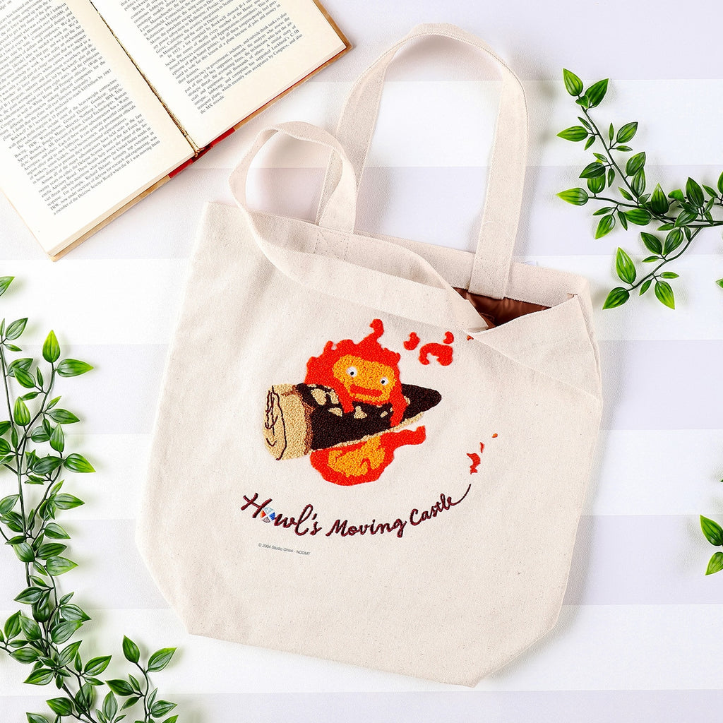 Howl's Moving Castle Embroidery Canvas Tote Bag - Calcifer in Panic｜Studio Ghibli
