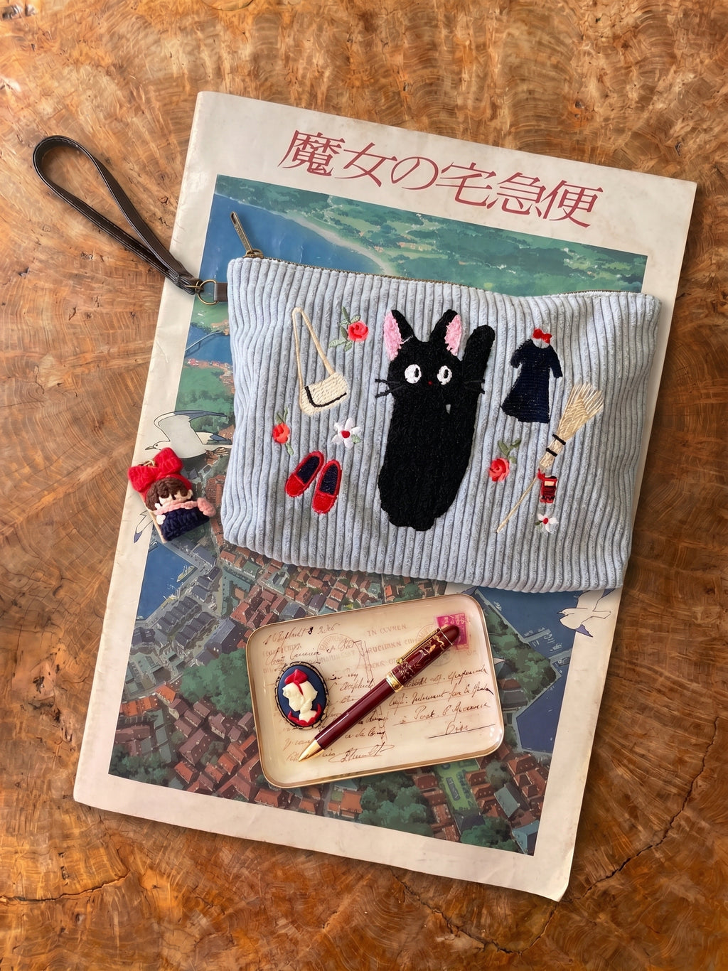 Kiki's Delivery Service Corduroy Velvet Embroidery Pouch | Clutch - Jiji and Kiki's Closet | Clutch - Studio Ghibli