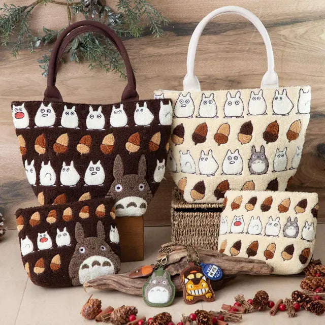 My Neighbor Totoro Fluffy Series Embroidery Tote Bag - Totoro & Acorn Brown