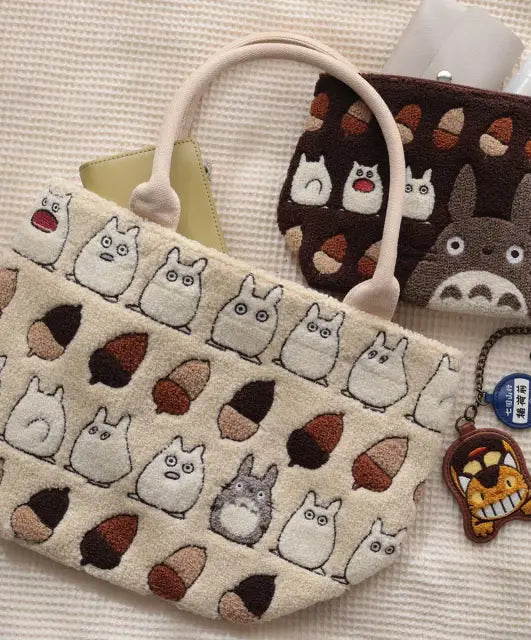 My Neighbor Totoro Fluffy Series Embroidery Pouch - Totoro & Acorn Brown