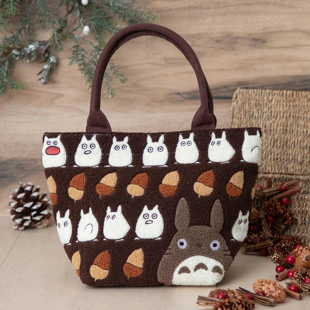 My Neighbor Totoro Fluffy Series Embroidery Tote Bag - Totoro & Acorn Brown