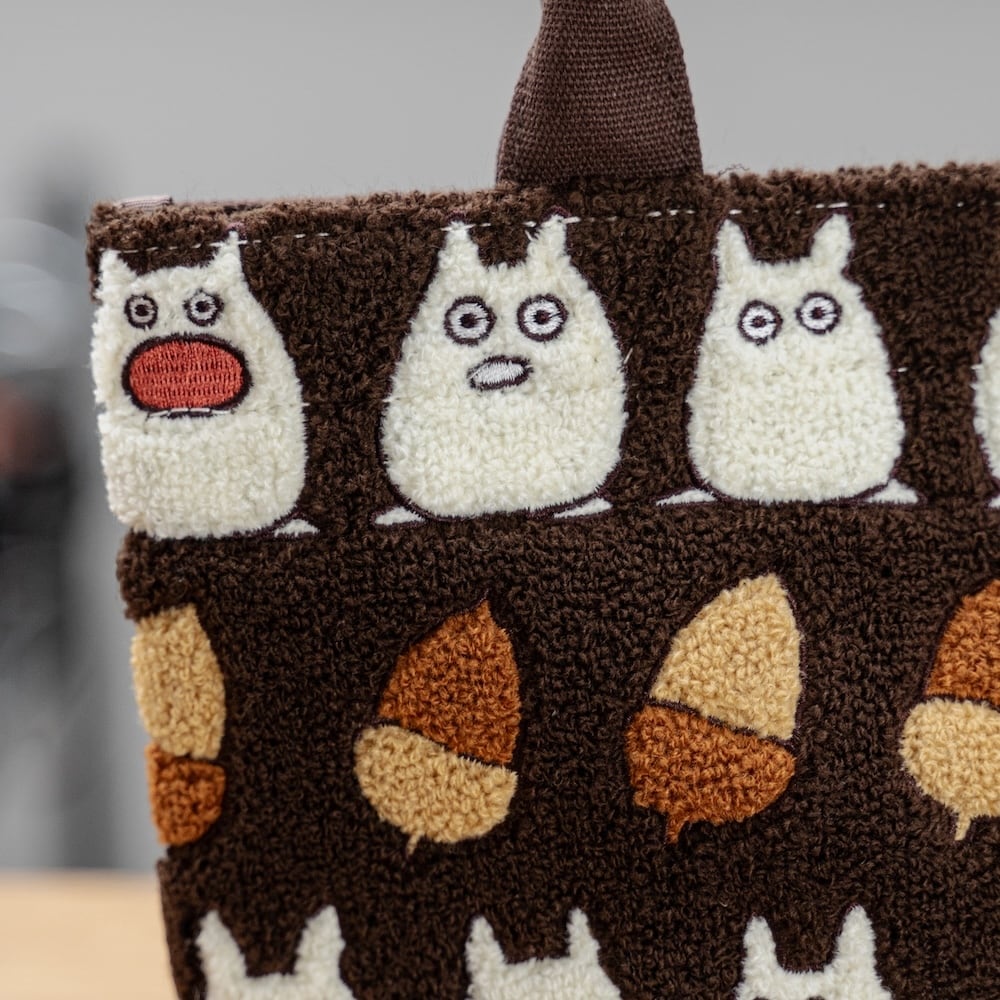My Neighbor Totoro Fluffy Series Embroidery Tote Bag - Totoro & Acorn Brown