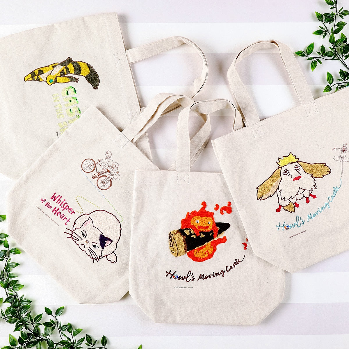 Howl's Moving Castle Embroidery Canvas Tote Bag - Calcifer in Panic｜Studio Ghibli