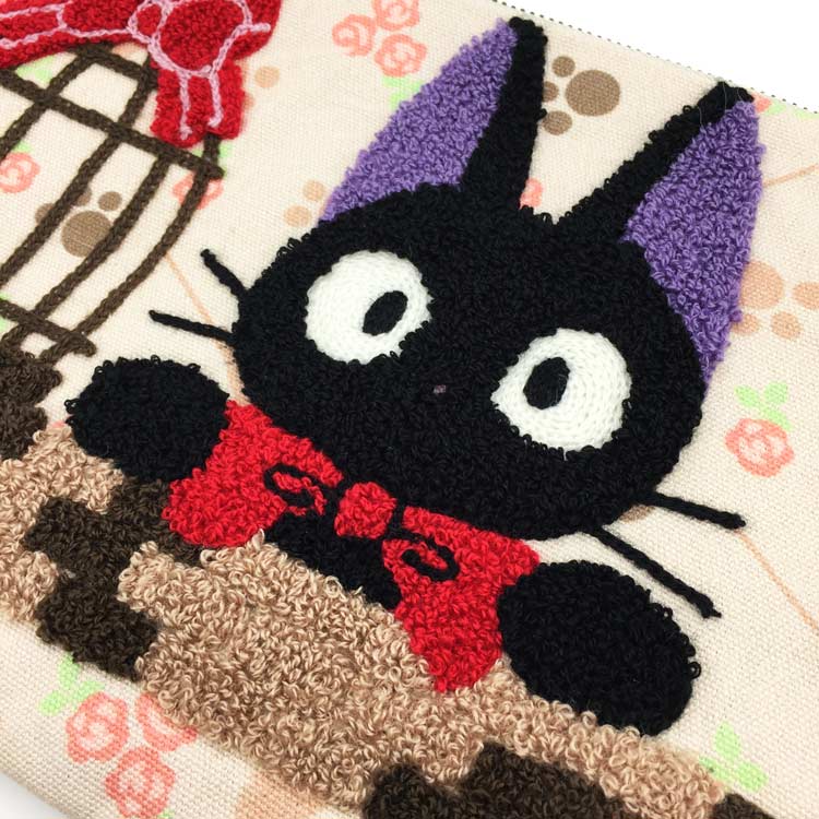 Kiki's Delivery Service Peeking Jiji Cat Embroidery Large Pouch | Clutch - Studio Ghibli